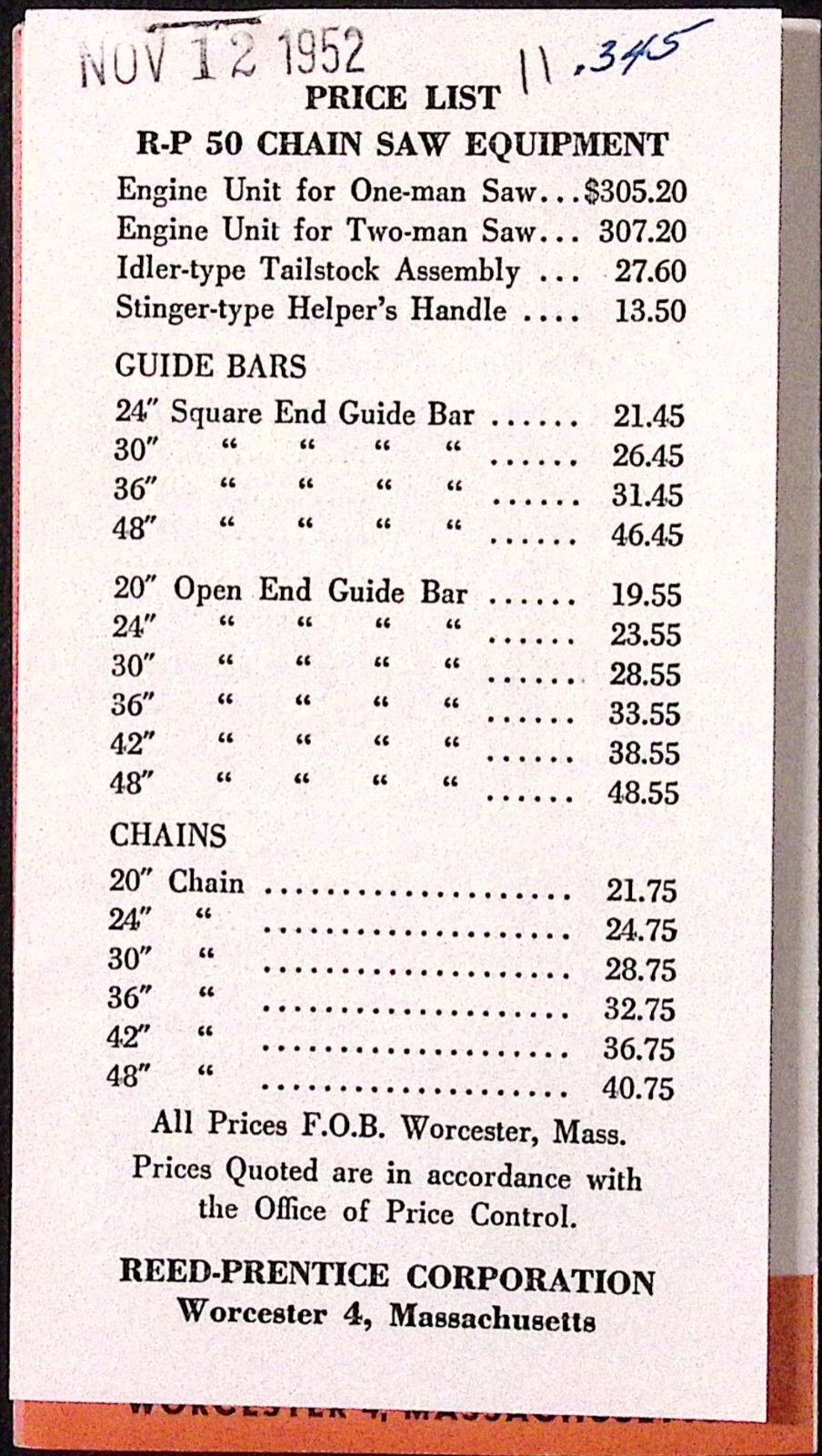 1952 Reed-Prentice R-P Model 50 5 HP Portable Chain Saws Brochure Worcester MA