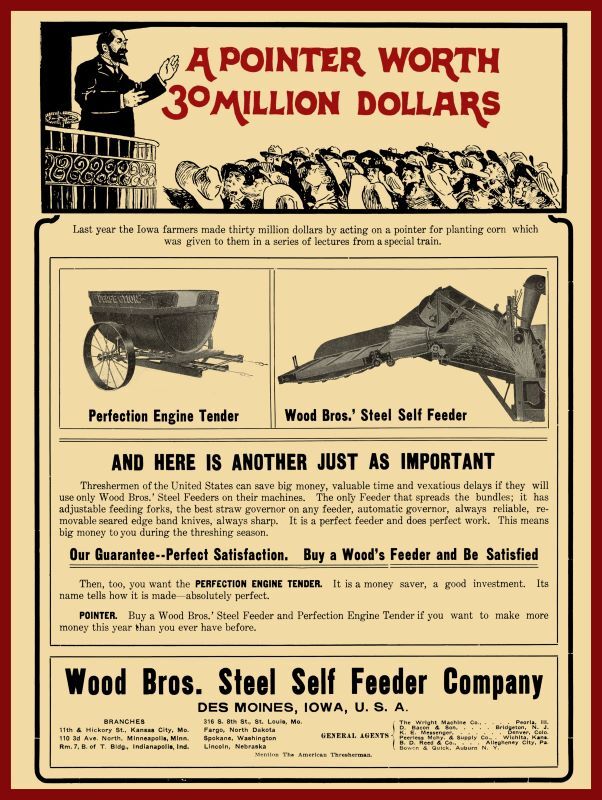 1905 Wood Bros. Self Feeder Co. NEW Metal Sign: Des Moines, Iowa – Tender ++
