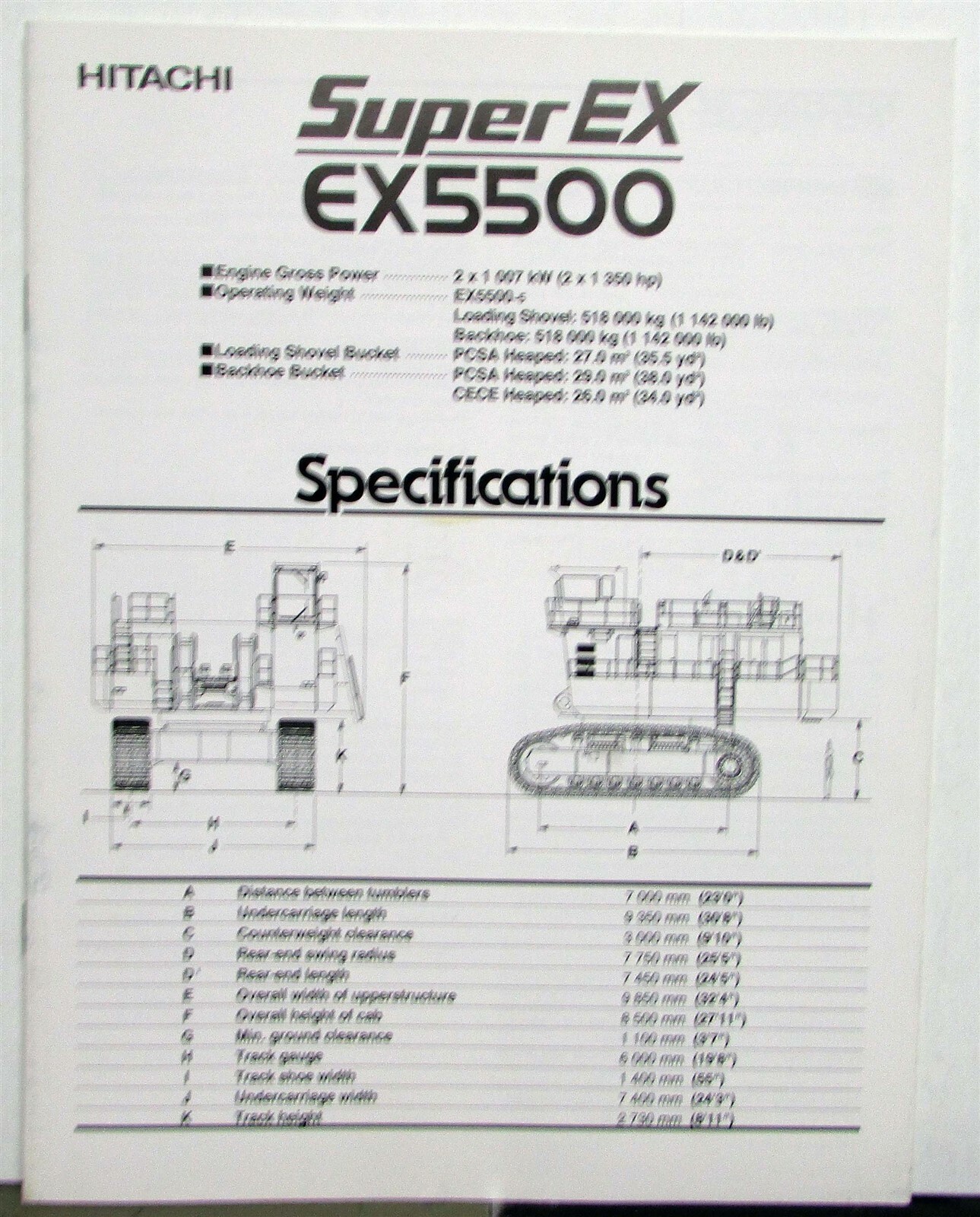 2001 Hitachi Super EX5500 Shovel Specifications Construction Sales Brochure