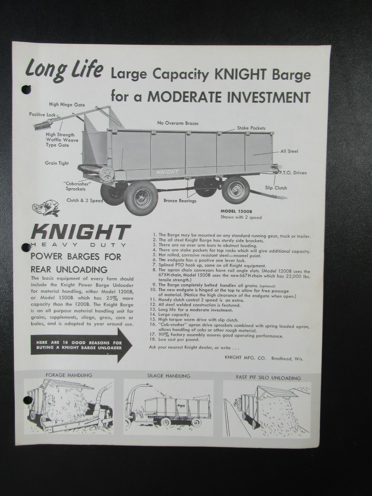 1964 Vintage Farm Equipment Advertising Brochure Knight Power Barge Unloader