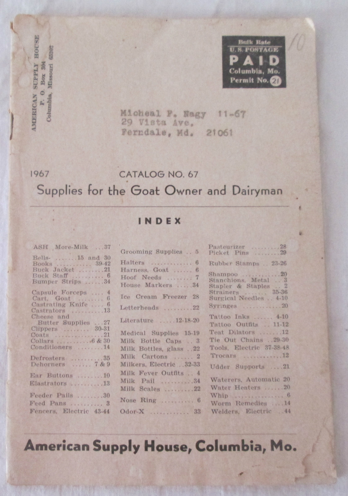 Vintage 1967 American Supply House No 67 Supplies for the Goat Owner & Dairyman