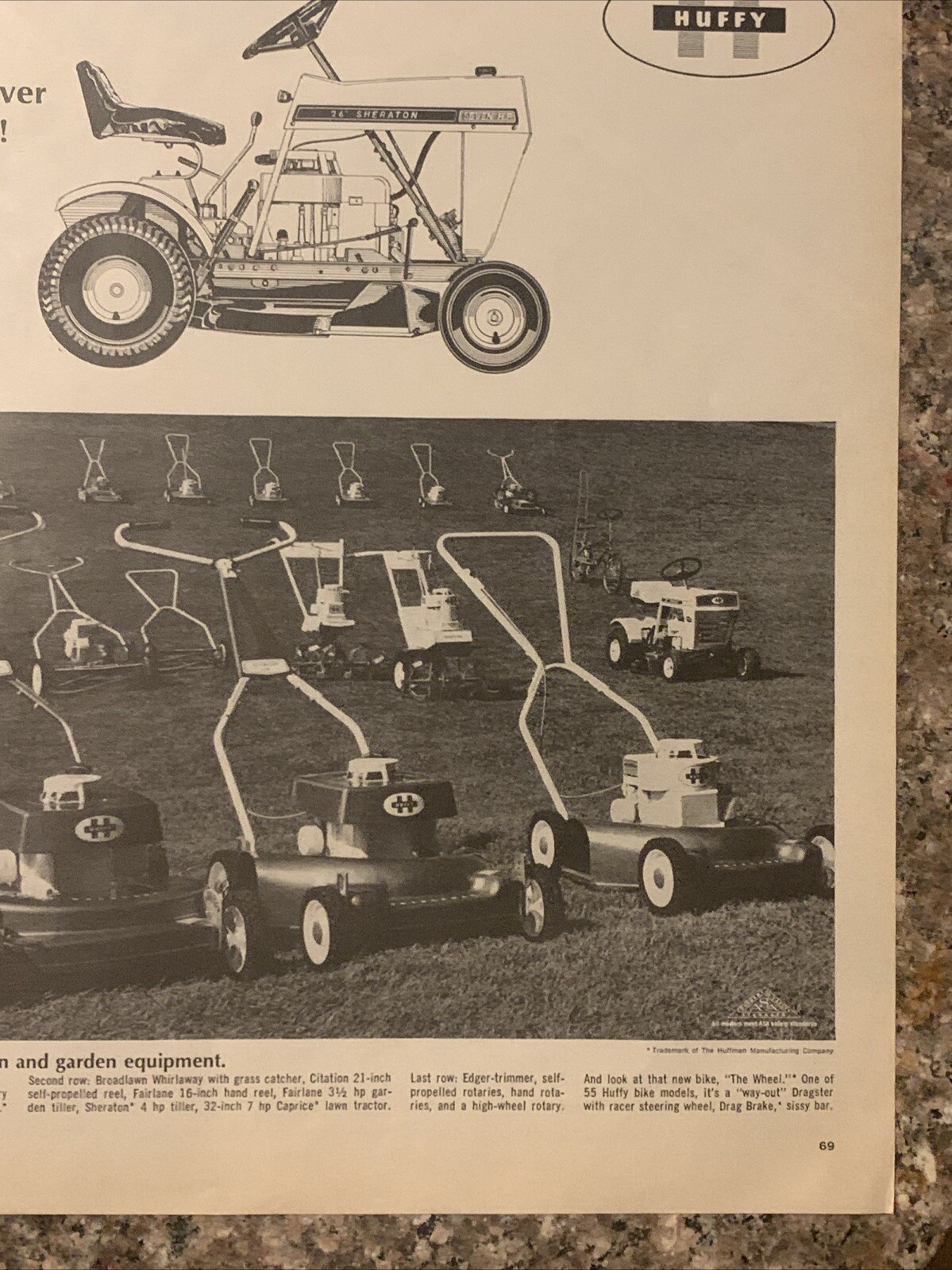 1968 Huffy Sheraton Riding Lawn Mower PRINT AD 7-HP Tractor Cut Grass VTG 1960s