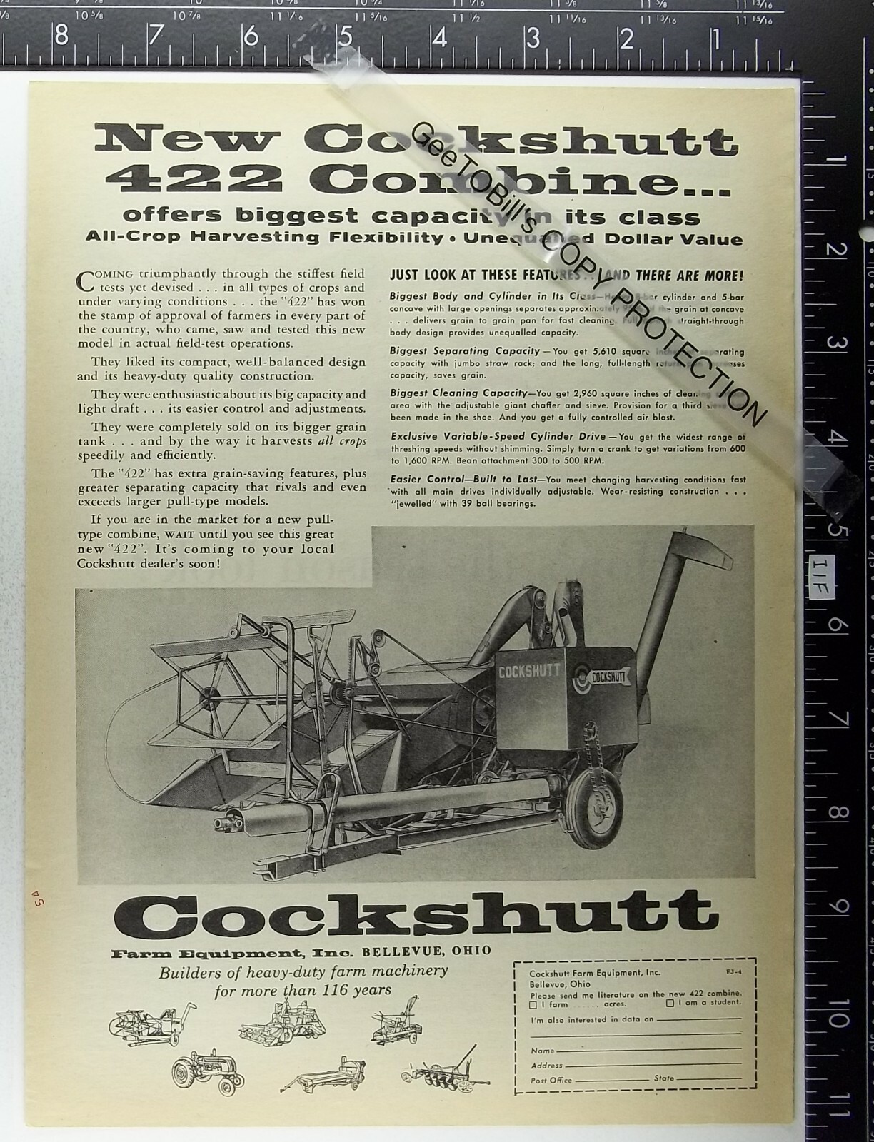 1955 Cockshutt 422 Combine Farming Bellevue OH ad advertisement i1f