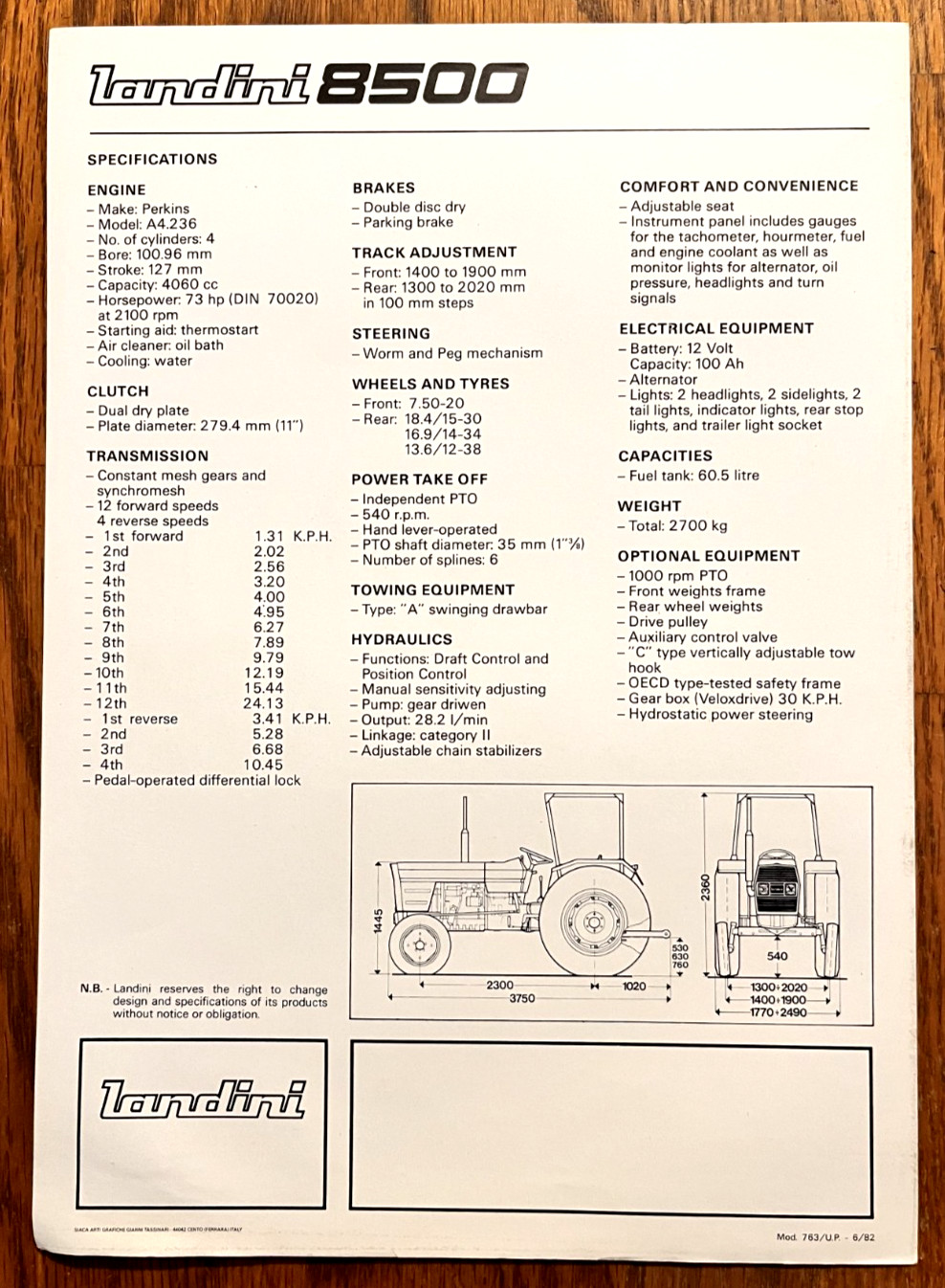 Landini 8500 Tractor 1982 sales brochure
