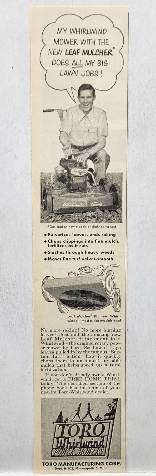 1952 Toro Whirlwind Mowers MCM Original Print Ad Life Magazine 50s