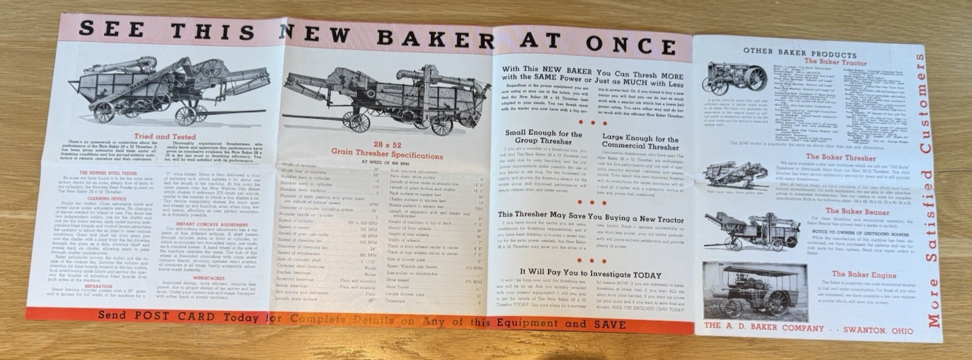 Original 1930s A.D. Baker Threshing Machine Advertising Brochure – Agricultural