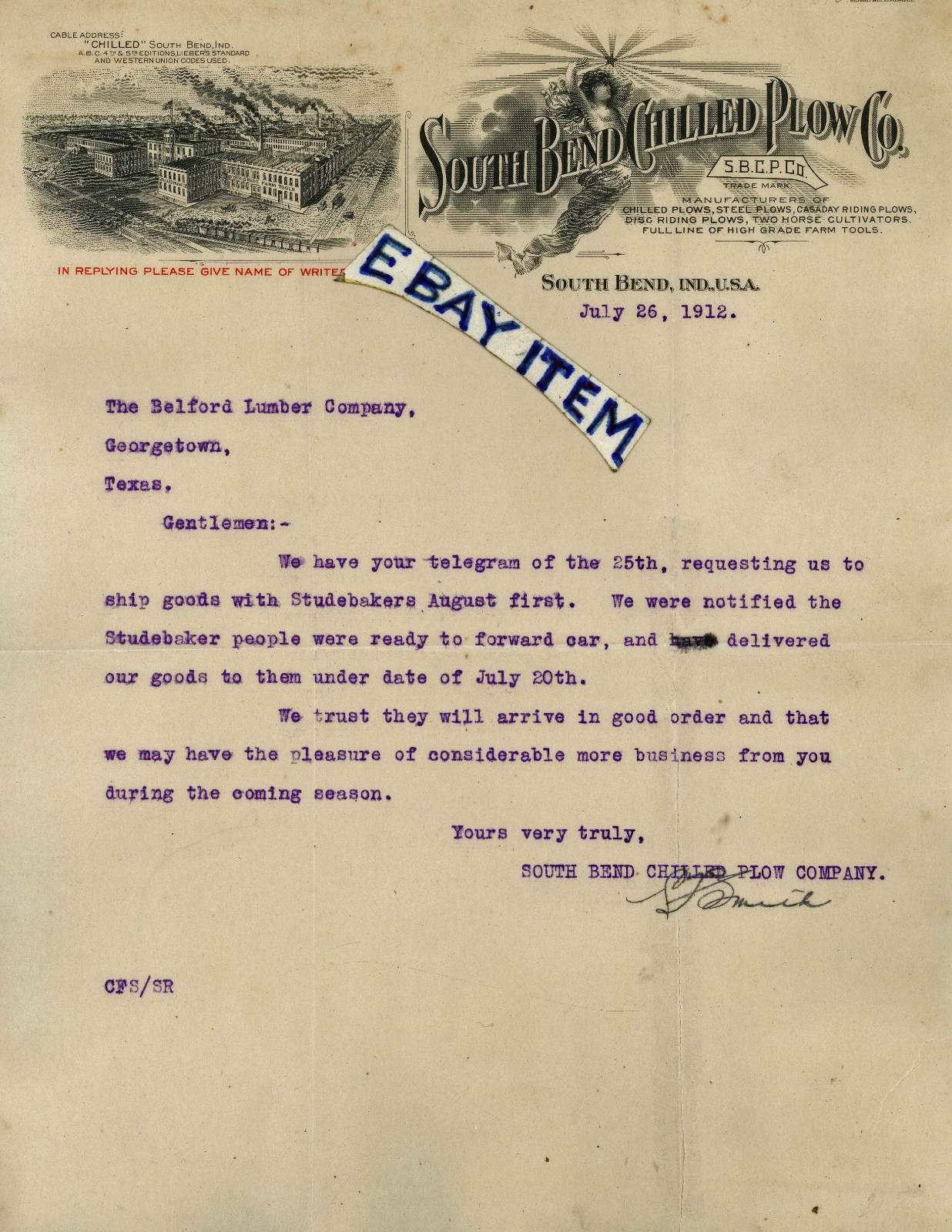 1912 LETTERHEAD Indiana SOUTH BEND CHILLED PLOW COMPANY farm machinery C.F SMITH