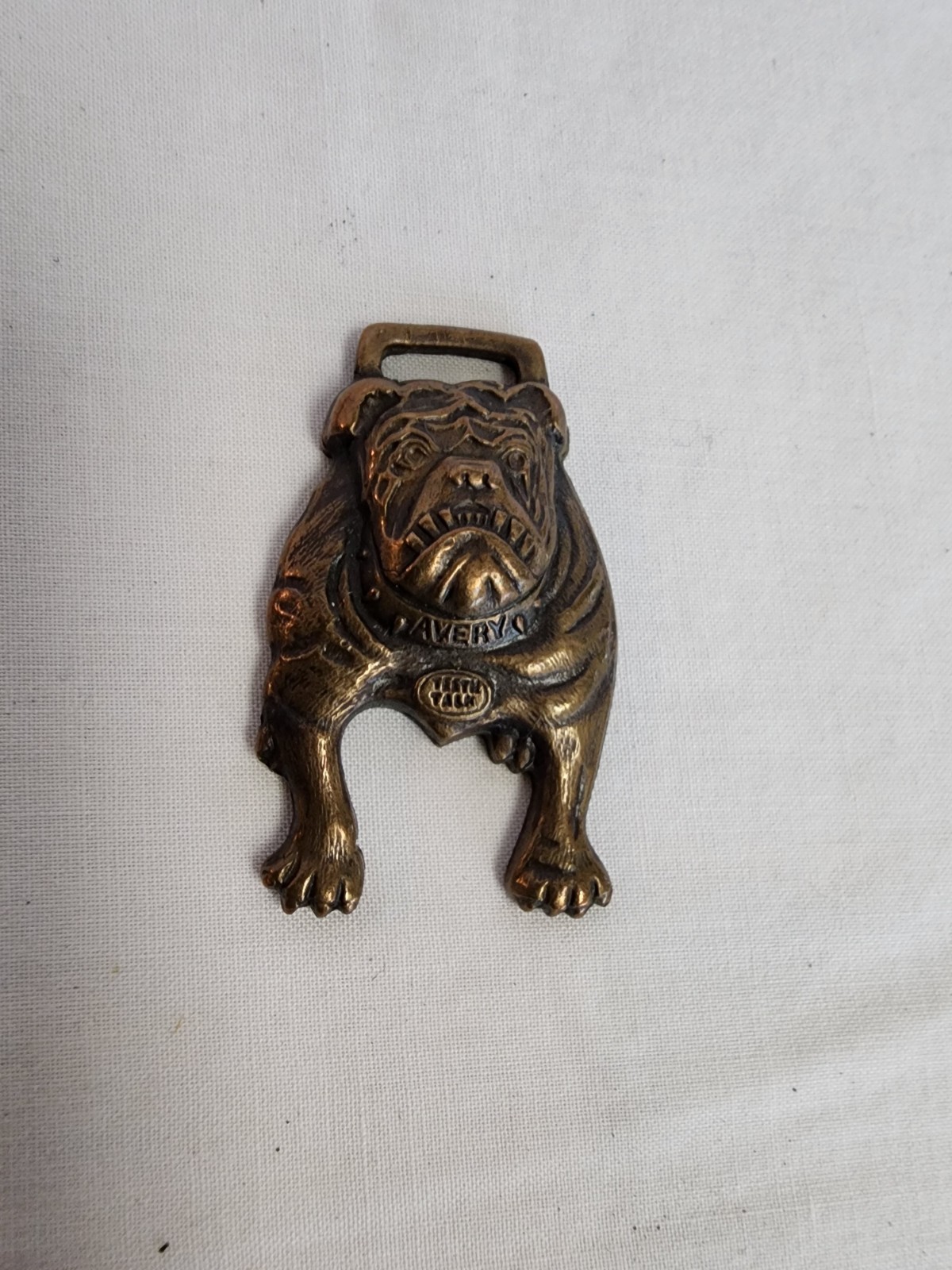 Antique « TEETH TALK » Avery Mfg Co Peoria IL TOOTHY BULLDOG Advertising Watch Fob