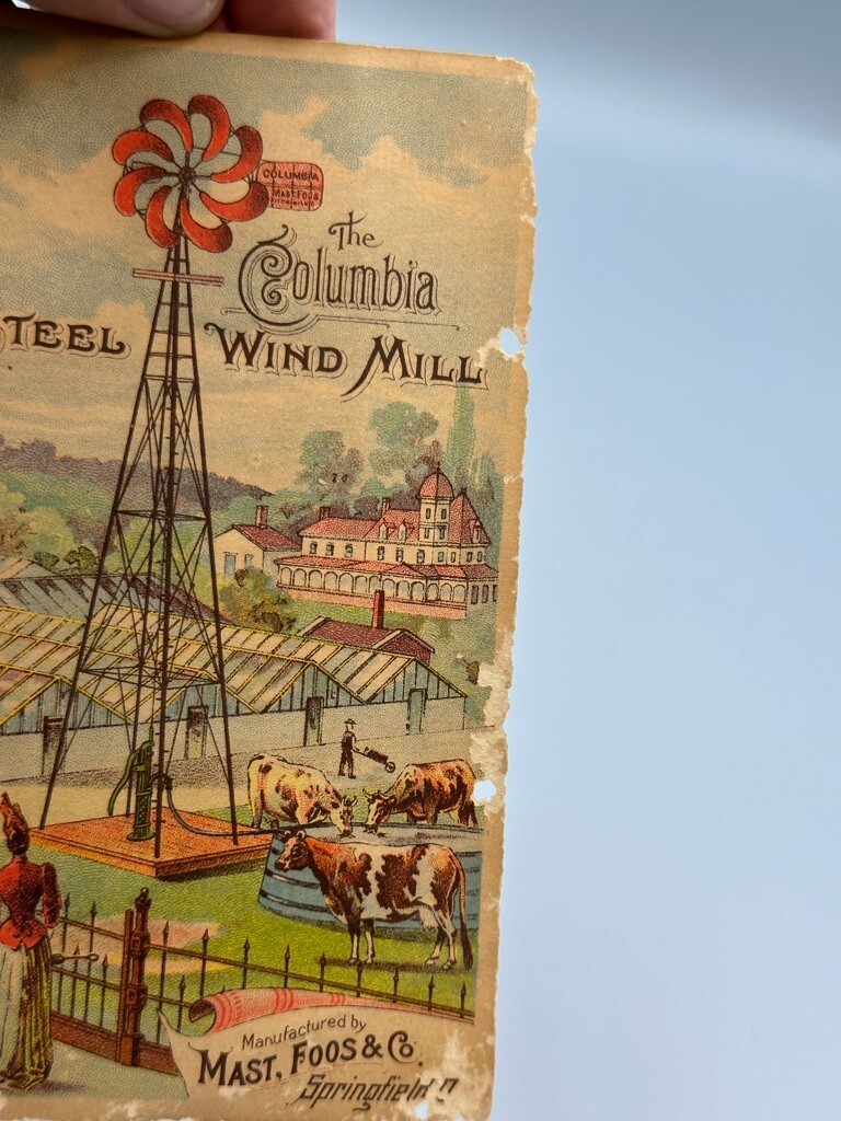 1880s COLUMBIA WINDMILL Mast Foos SPRINGFIELD OHIO Farm Advertising Trade Card