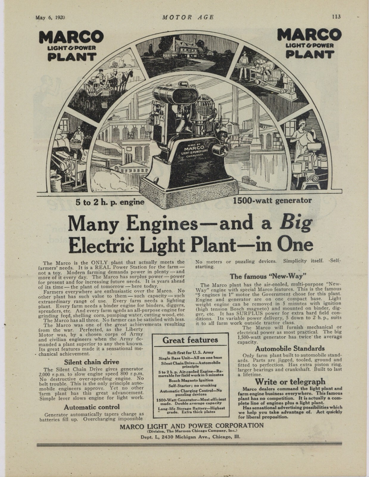 1920 Marco Light & Power Ad: Power Stations for Farm Use, Gas Engines – Chicago