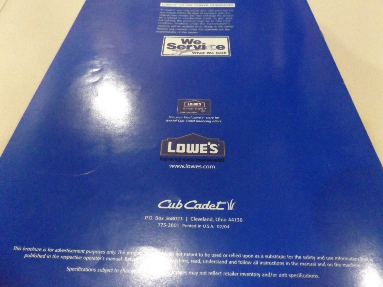 CUB CADET 2004 OUTDOOR POWER EQUIPMENT, LOWE&rsquo;S. LITERATURE # 773-2801
