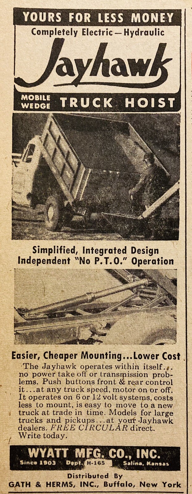 1956 AD.(XH80)~WYATT MFG. CO. SALINA, KS. “JAYHAWK” MOBILE TRUCK HOIST