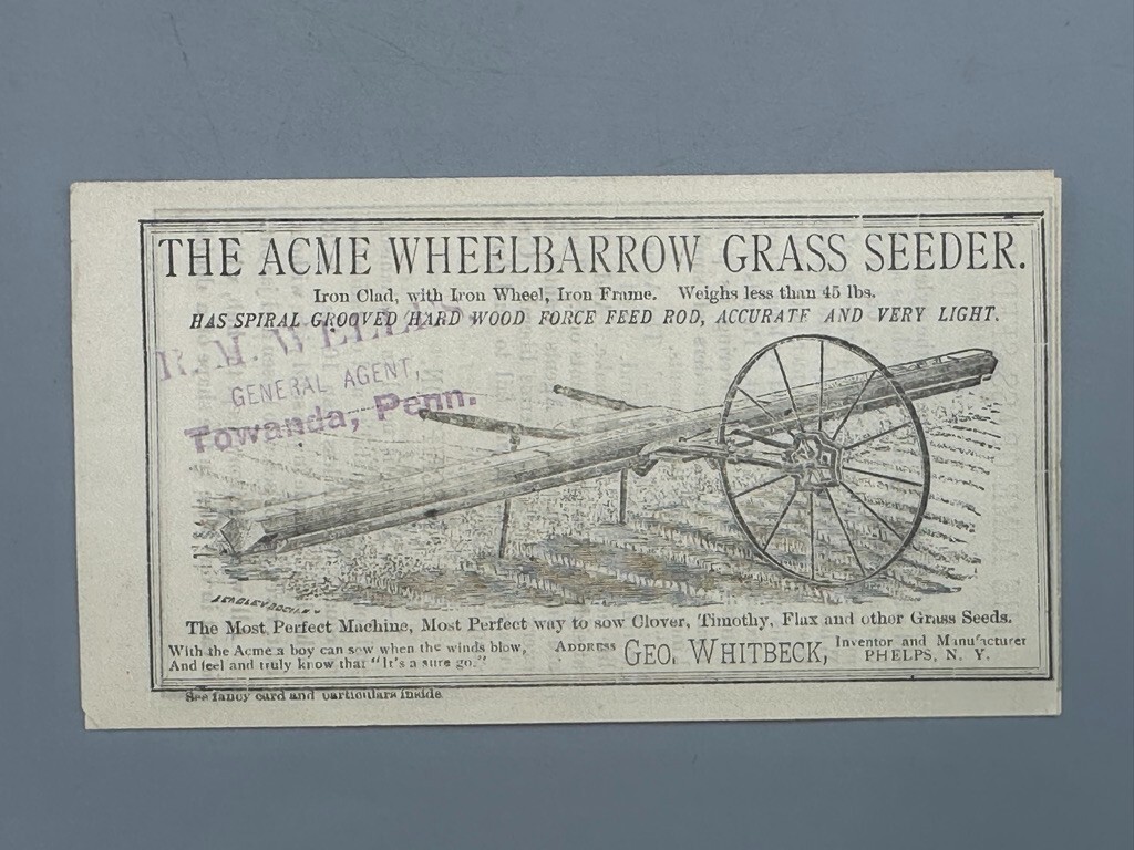 1885 WARNER CULTIVATOR Farm TOWANDA PA Postal Cover ACME WHEELBARROW Advertising