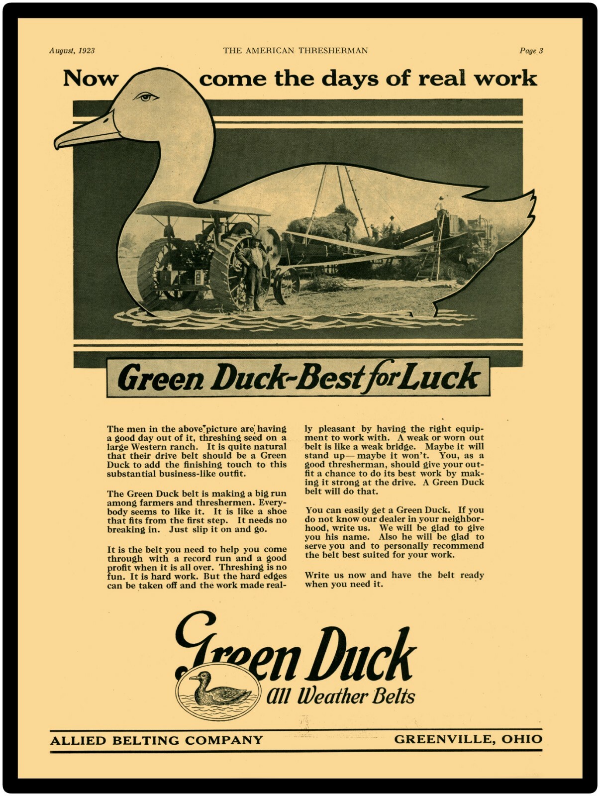 Vtg. Look 1923 Allied Belting Co. Greenville,OH New Metal Sign: Green Duck Belts