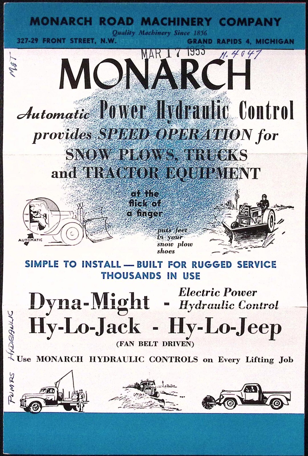 1953 Monarch Power Hydraulic Control for Snow Plows Trucks Tractors Brochure