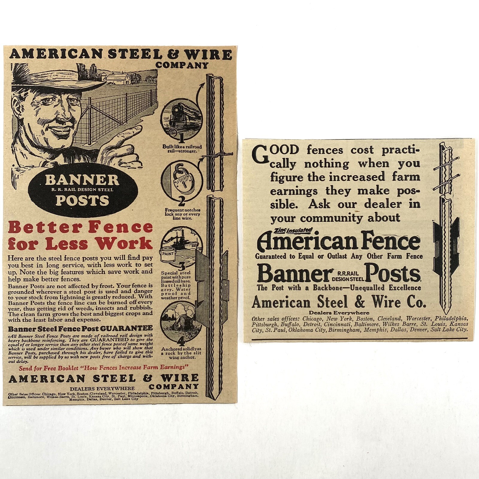 1927 American Fence Banner Posts Steel Wire Co Vintage Print Ads 20’s Railroad