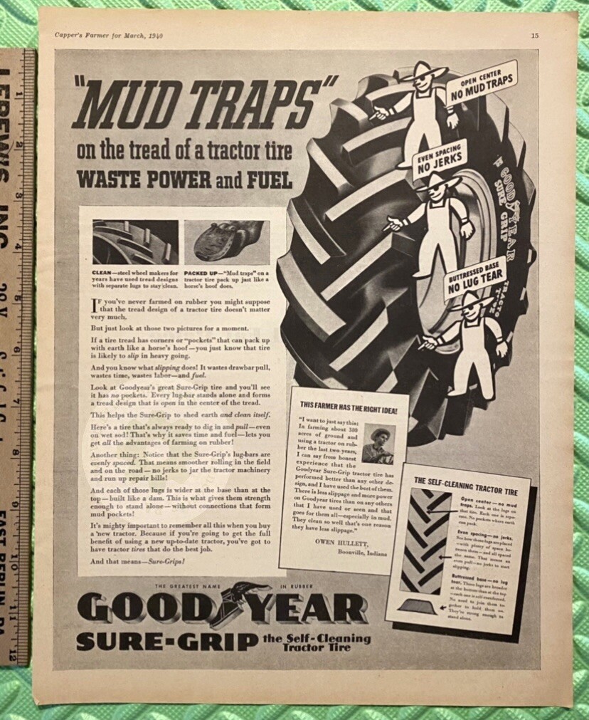 Original 1940 GOODRICH & GOODYEAR Tractor Tires Print Ads LOT. Large 13.5×10.5in