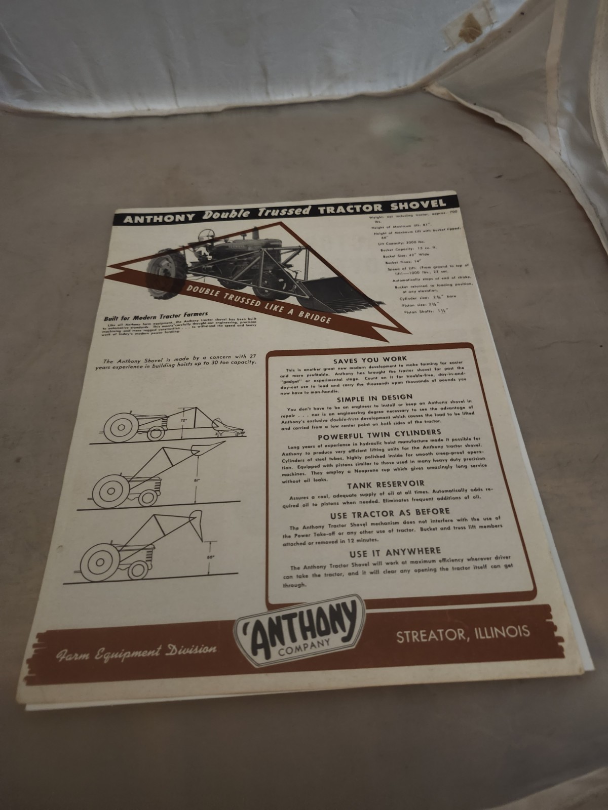 1950s Anthony Double Trussed Tractor Shovel Advertising Brochure Streator IL