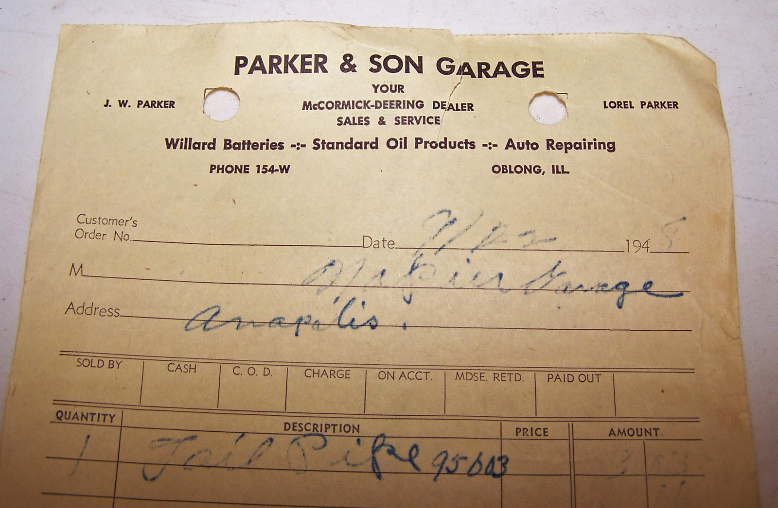 1948 Parker & Son Garage McCORMICK DEERING Invoices OBLONG ILLINOIS
