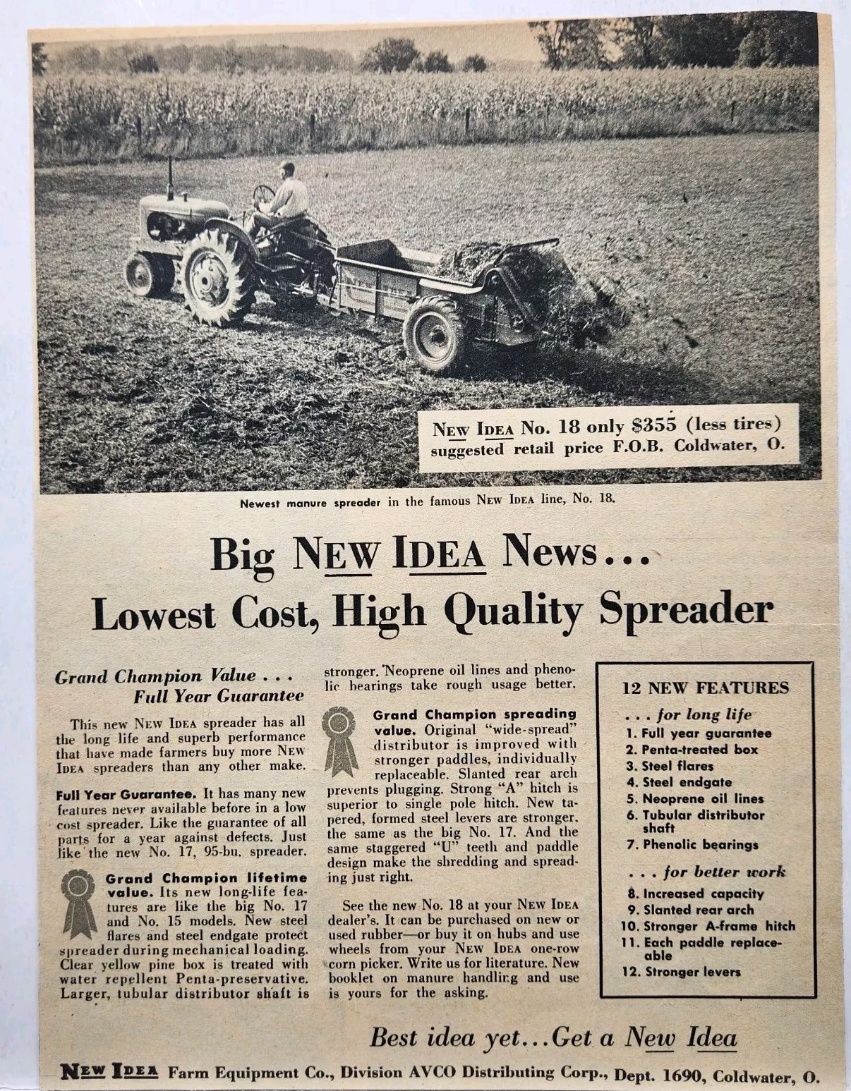 1956 New Idea Farm Equip Manure Spreader #18 Farmer Print Ad Coldwater