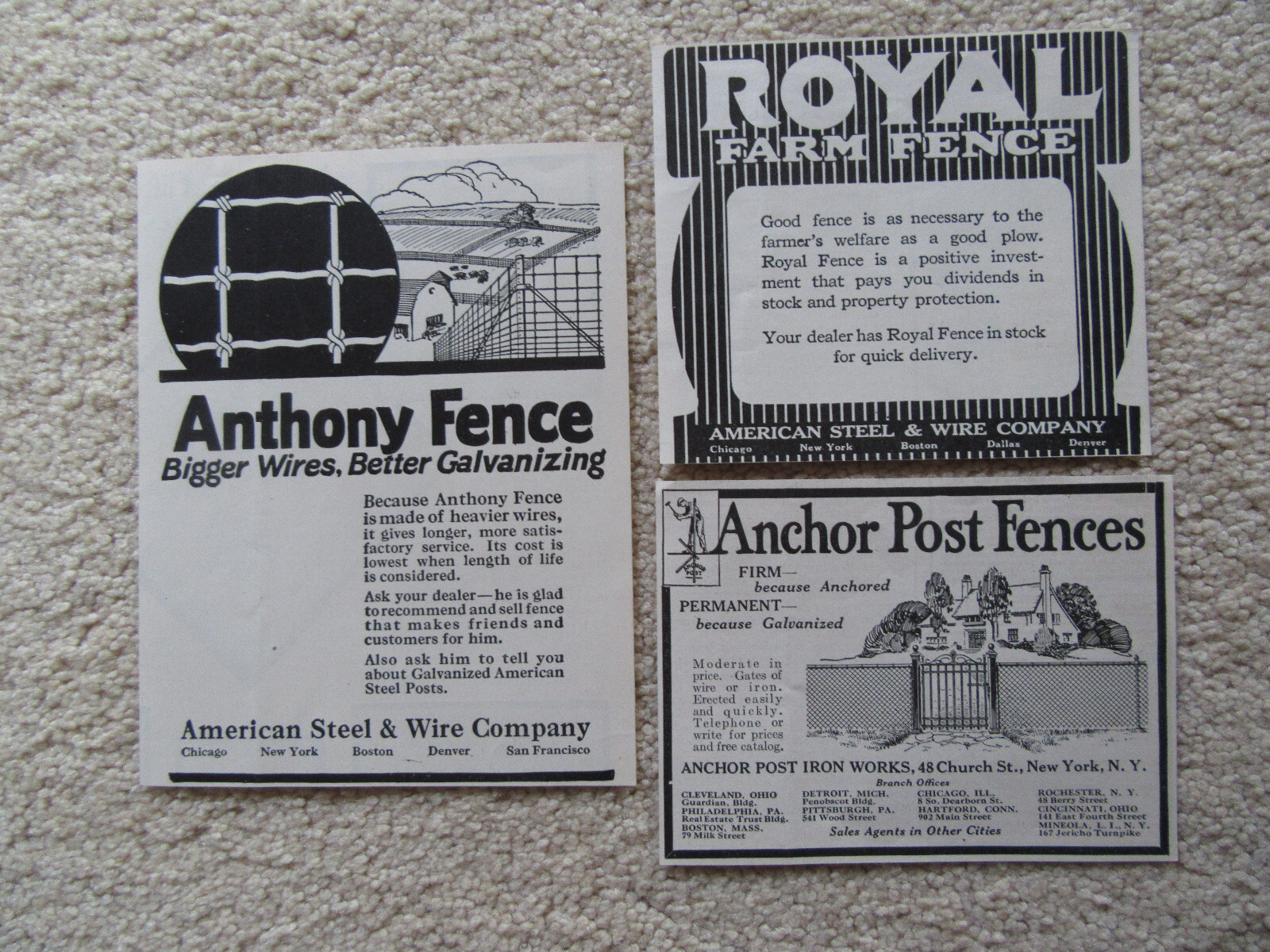 Ads, Royal Farm Fence, Anthony Fence, American Steel, Anchor Post Iron Works