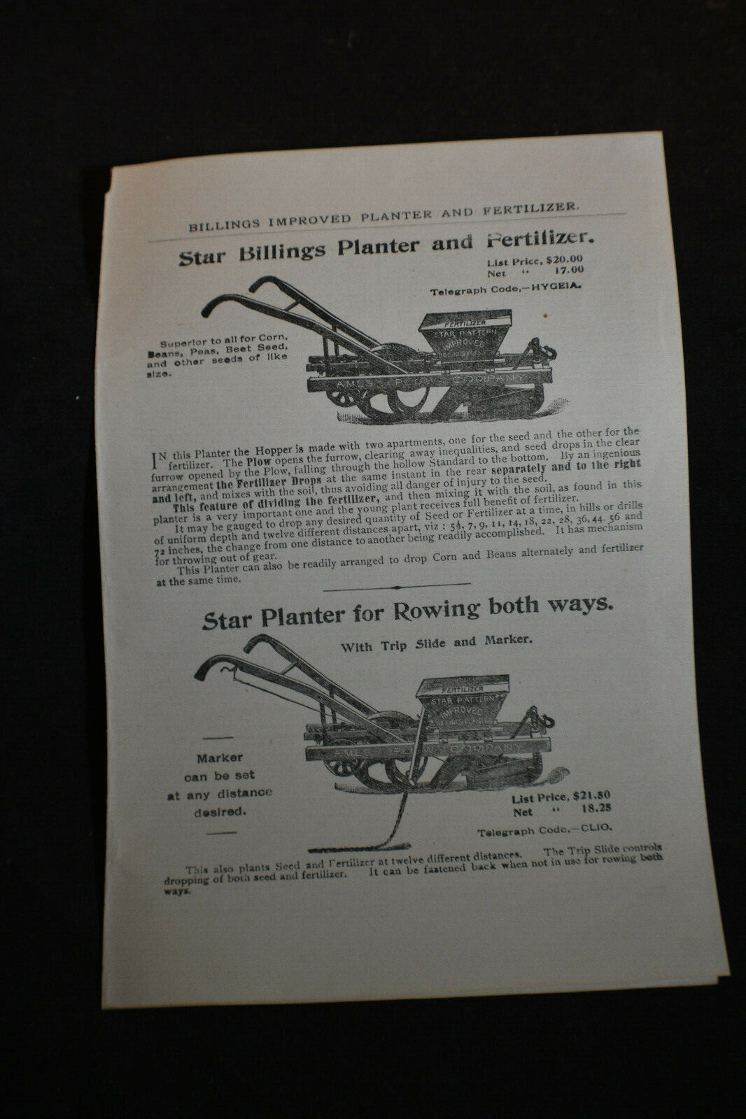 Ca 1910s Billings Improved Planter & Fertilizer Brochure