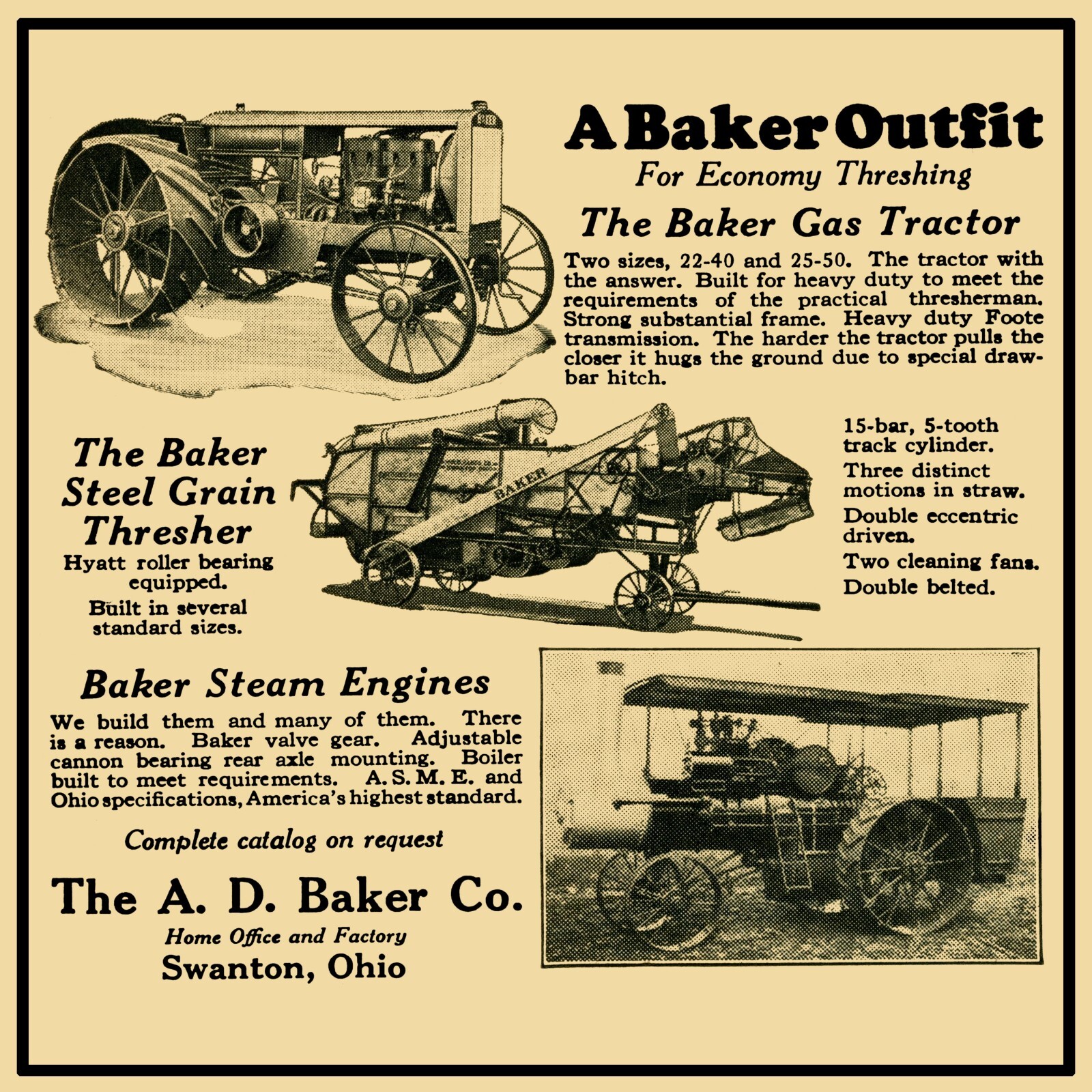 A.D. Baker, Swanton OhiO Tractors & Engines NEW Metal Sign 40&Prime; Square USA STEEL