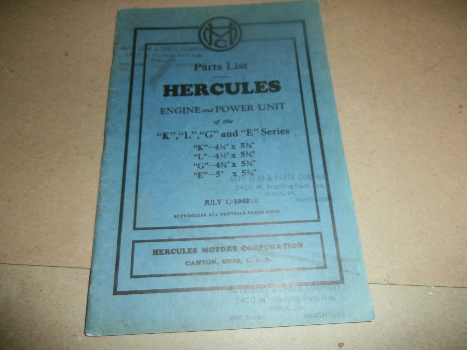 Original 1942 Hercules Motors Corp Engine Power Unit Parts List Manual K L G E