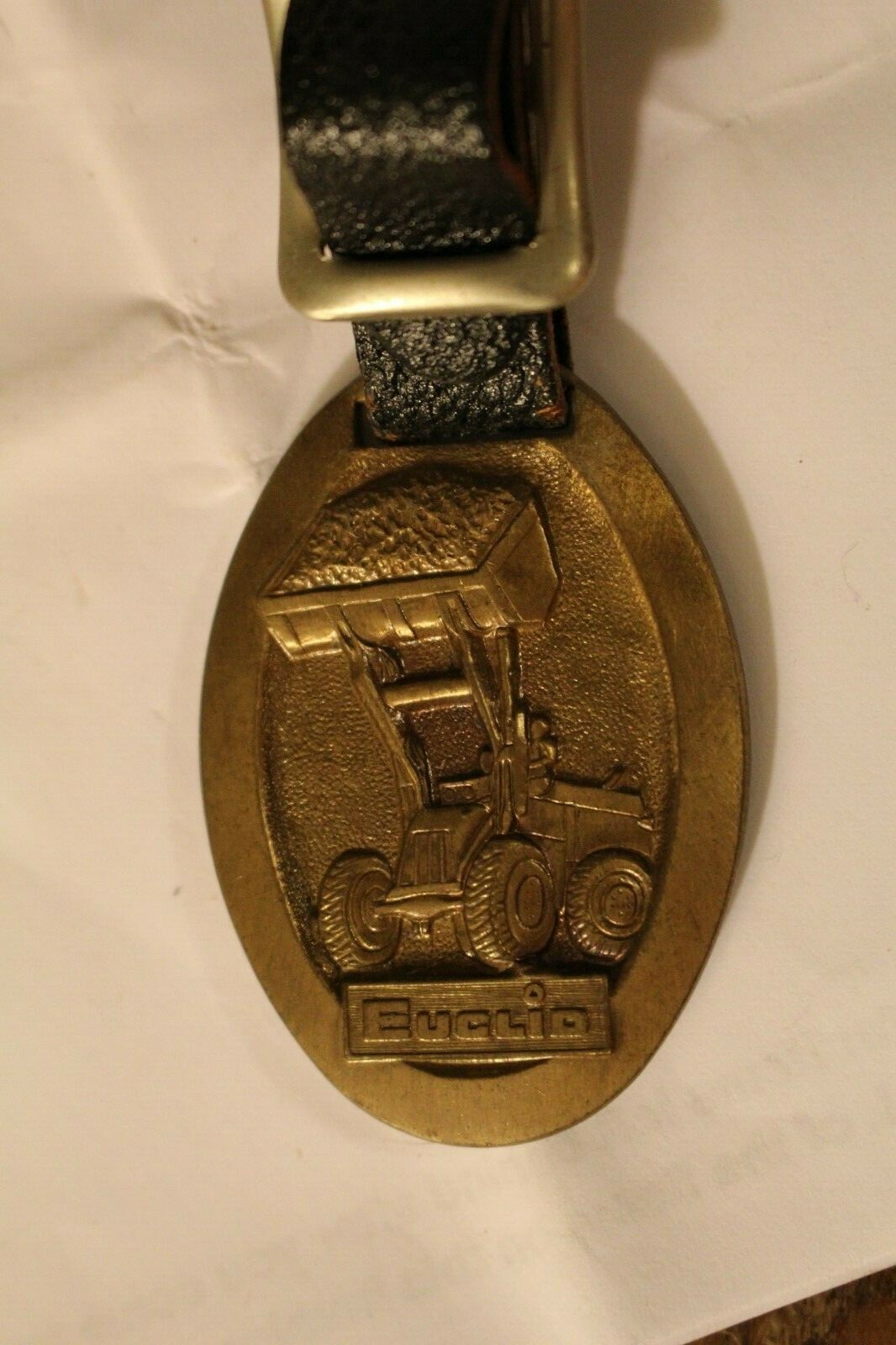Vintage Brass Euclid Pivot Steer Loaders Key Fob/Black Leather Strap