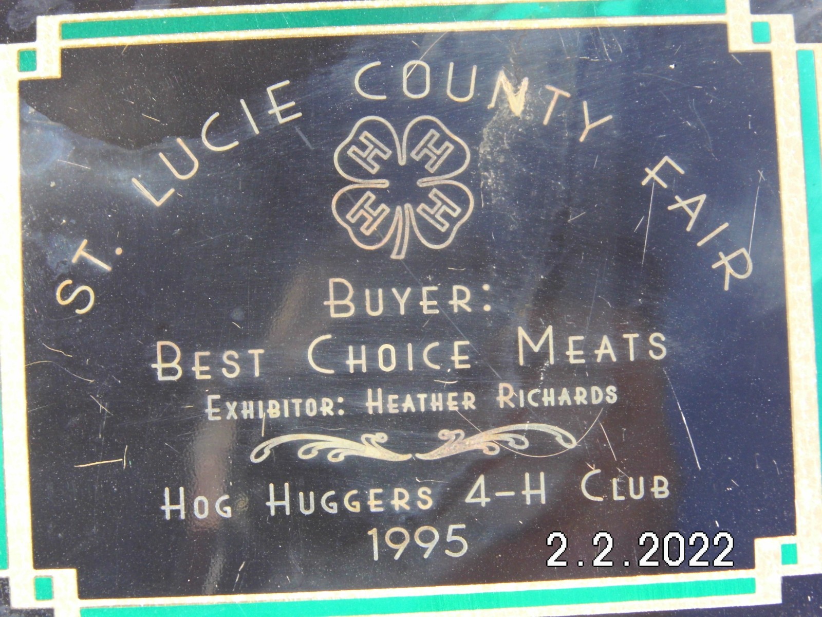 1995 St. Lucie Co. Fair 4-H Hog Huggers Exhibitor Plaque Best Choice Meats 7 x 5