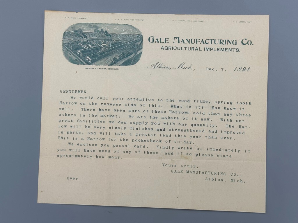 1894 GALE Mfg AGRICULTURAL Michigan ALBION Farm Machinery Advertising Letterhead