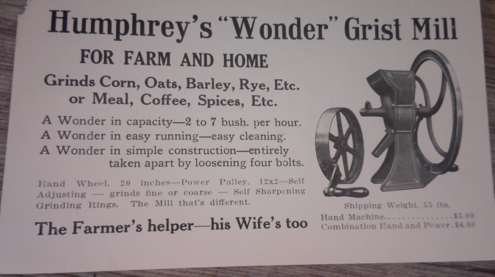 advertising paper for Humphrey&rsquo;s grist mill for farm and home pictured 11B