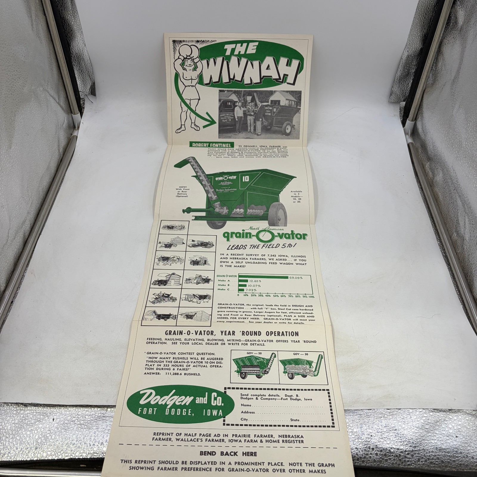 Vintage 1956 Grain-O-Vator Farm Equipment Advertising Poster Brochure Iowa 10×30
