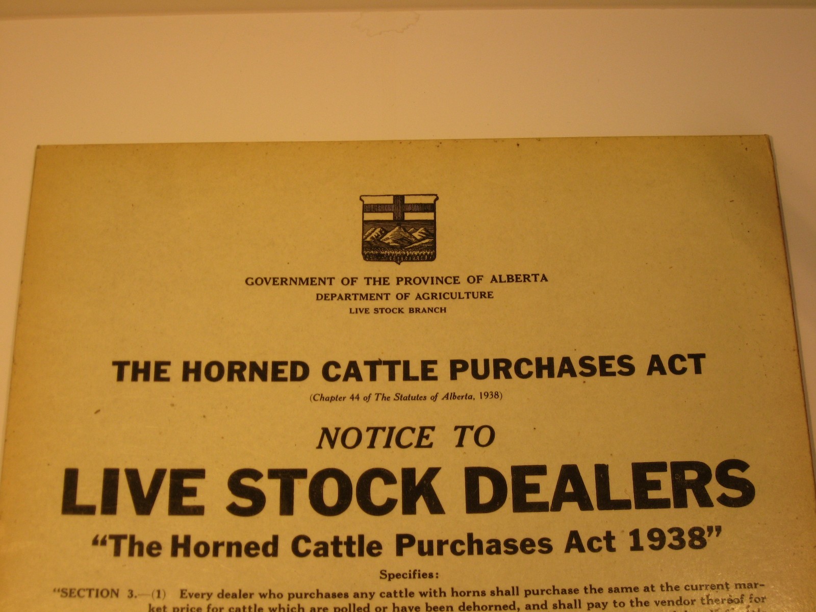 Horned Cattle Purchases Act 1938 Cardboard Sign Alberta Live Stock