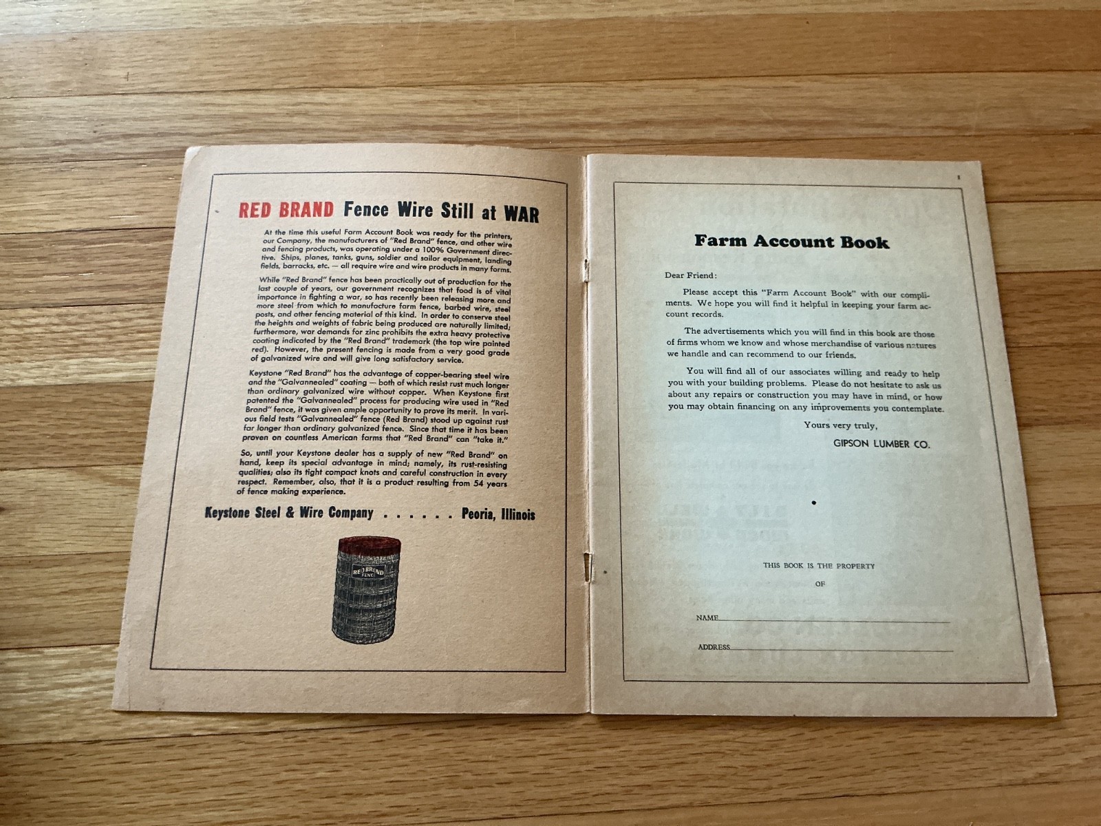 Vintage Farm Acct. Record Book – Gibson Lumber – Minnesota