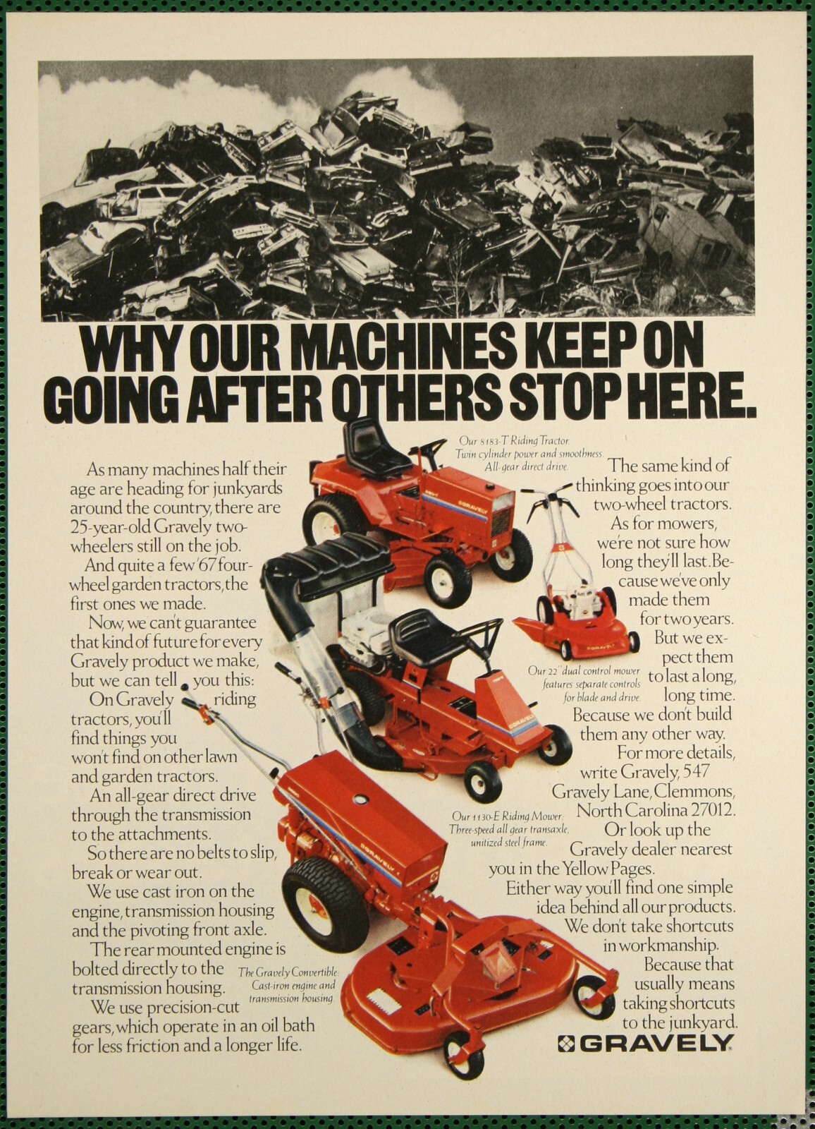 Gravely Lawn Mowers Riding Push Tractor Clemmons NC Vintage Print Ad 1980