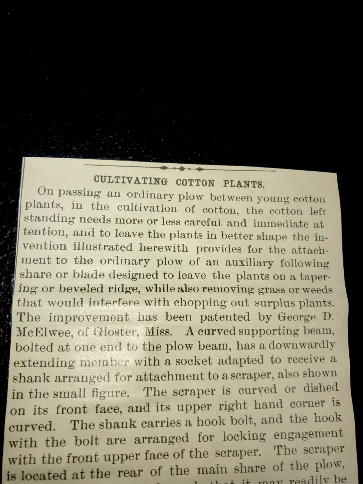 1898 McElwee Cotton Scraper Farm Advertising & Article Gloster – Mississippi