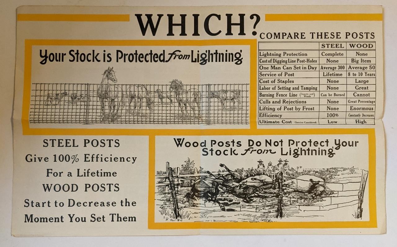 VINTAGE ADVERTISMENT BROCHURE, AMERICAN STEEL FENCE POSTS w ILLUSTRATED POSTER