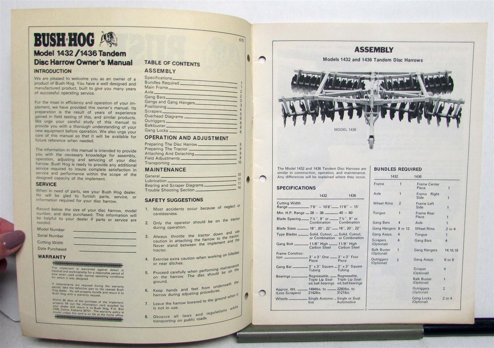 1975 Bush Hog Tandem Disc Harrow Specifications Construction Sales Brochure