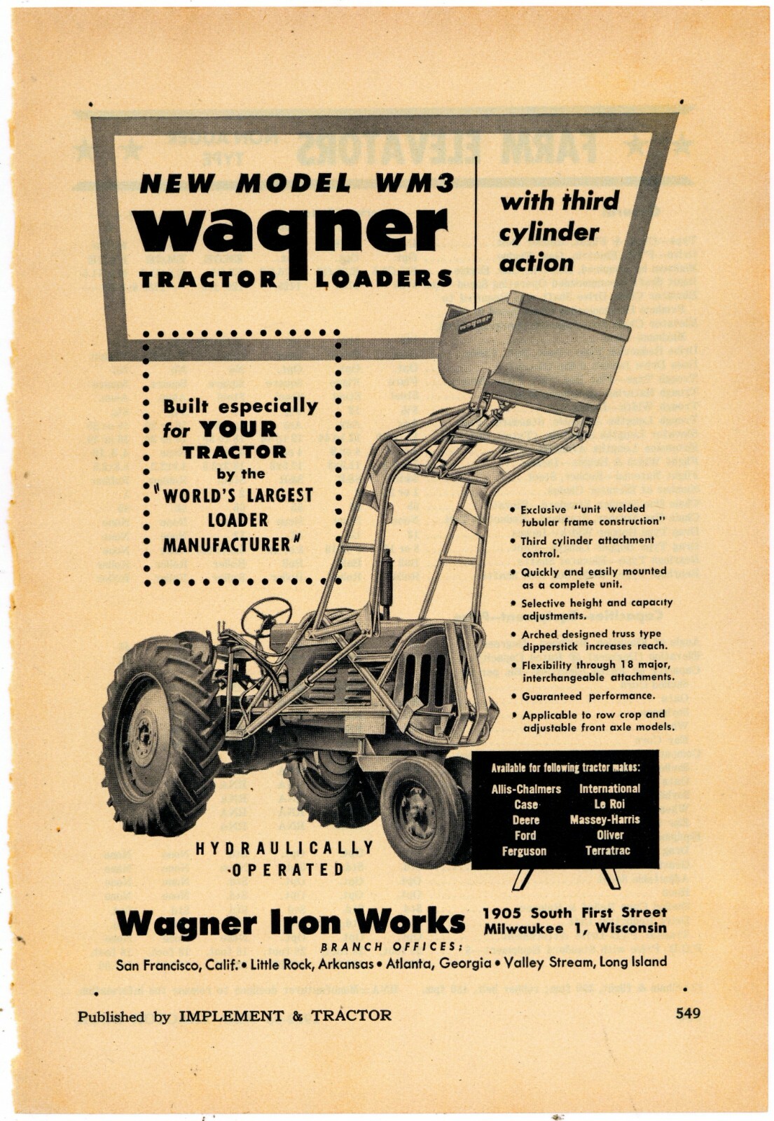 1953 Wagner Iron Works Ad: WM 3 Tractor Loader Pictured – Milwaukee, Wisconsin