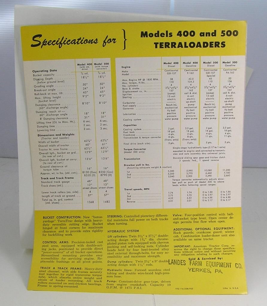 VINTAGE c1950 NEW TERRATRAC CRAWLER MOUNTED TERRALOADERS MODEL/500/400 BROCHURE