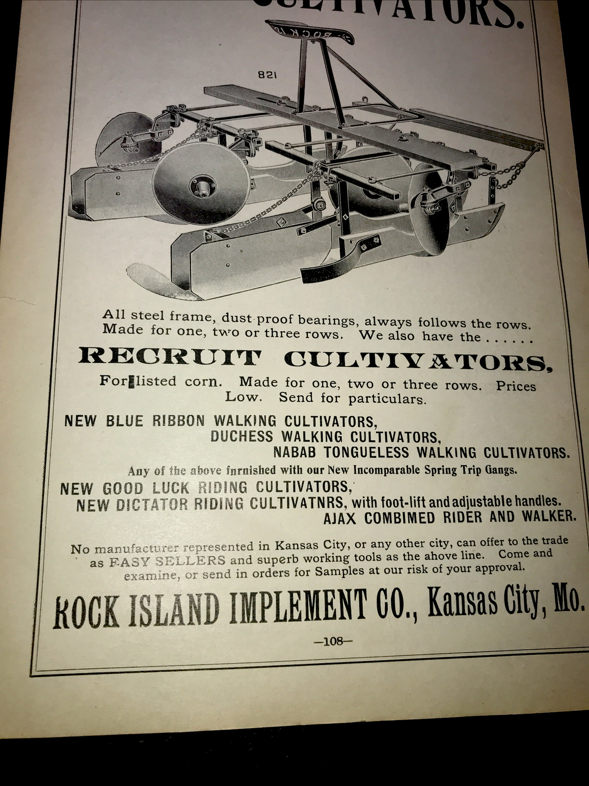 1898 Rock Island Cultivator Farm Advertising – Kansas City – Missouri
