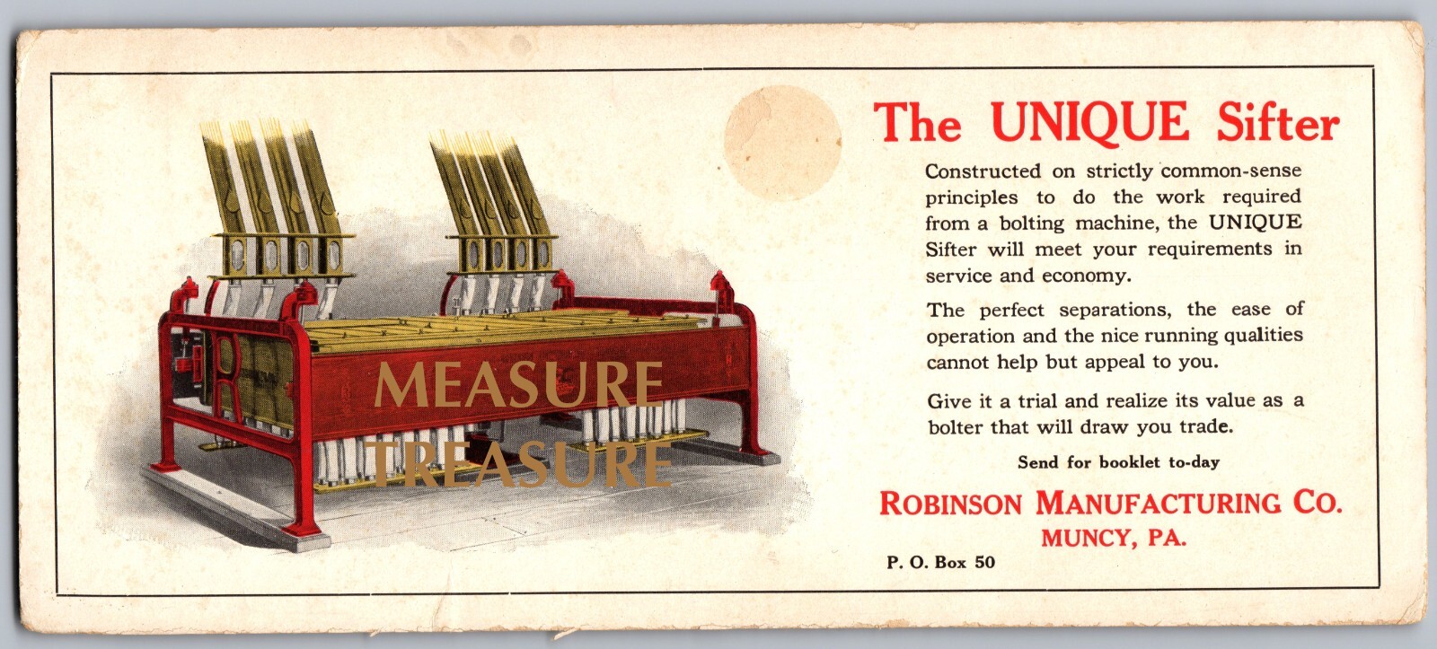 C.1900 MUNCY, PA ROBINSON MANUFACTORING UNIQUE SIFTER COLOR ADVERTISEMENT F18