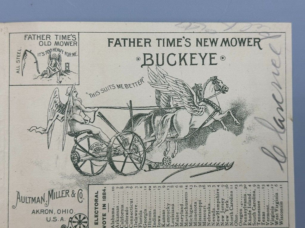1888 BUCKEYE MOWER Farm Advertising Fold Trade Card PRESIDENT HARRISON CLEVELAND