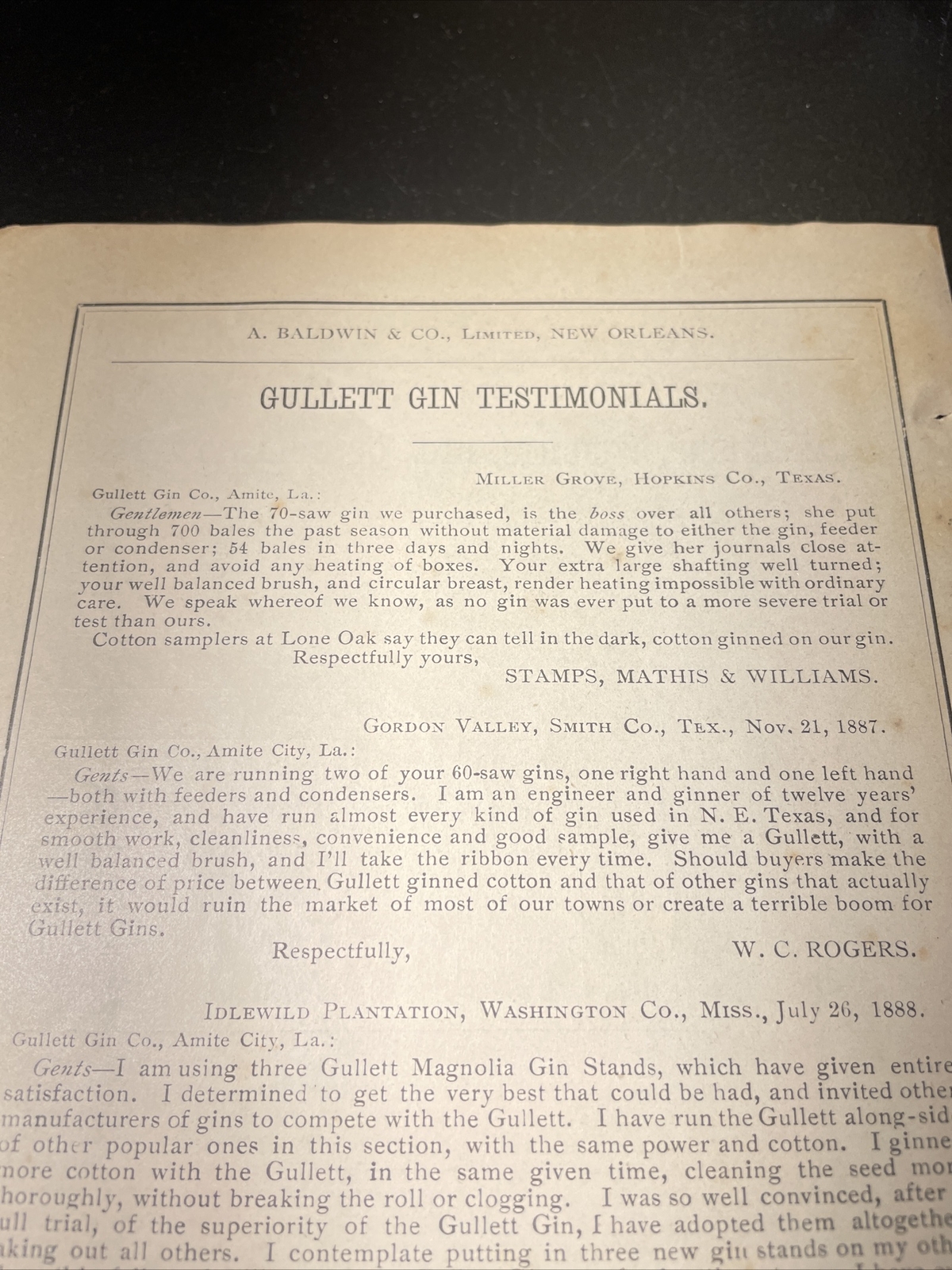 1891 Baldwin – Gullett Gin Testimonials – Farm Advertising- Amite – Louisiana
