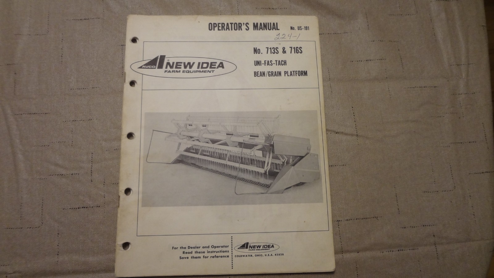 New Idea 713S 716S Grain Head Operator&rsquo;s Manual US-191