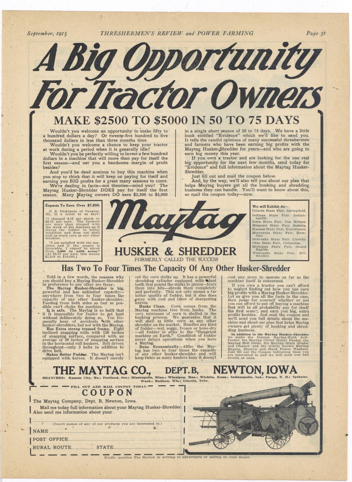 1915 Maytag Co. Ad: Husker & Shredder Featured – Newton, Iowa