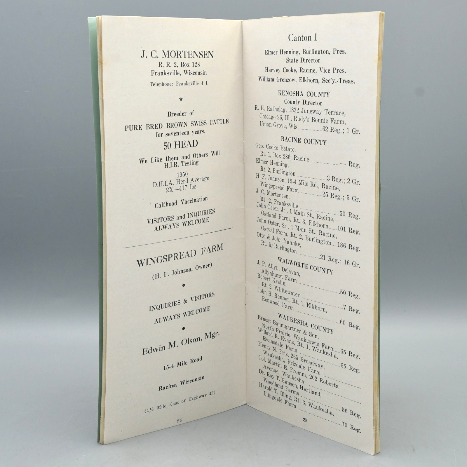 Wisconsin Brown Swiss Breeders Handi Book Directory 1951 Jane of Vernon Cover