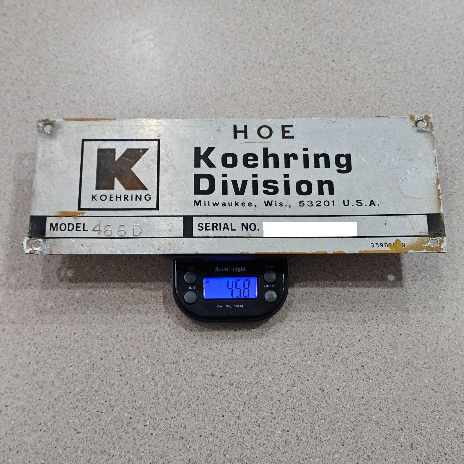 Vintage Koehring Division Milwaukee Excavator Backhoe Metal Data Sign Name Plate