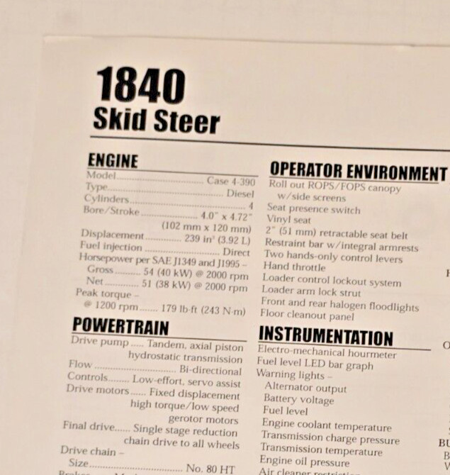 1998 Case 1840 Skid Steer Spec Sheet Dealer Information Advertising Brochure
